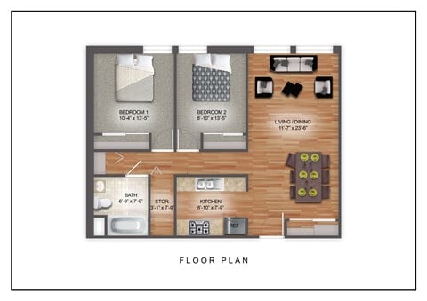 Floor plan for 2 beds, 1 bath, 645 sqft